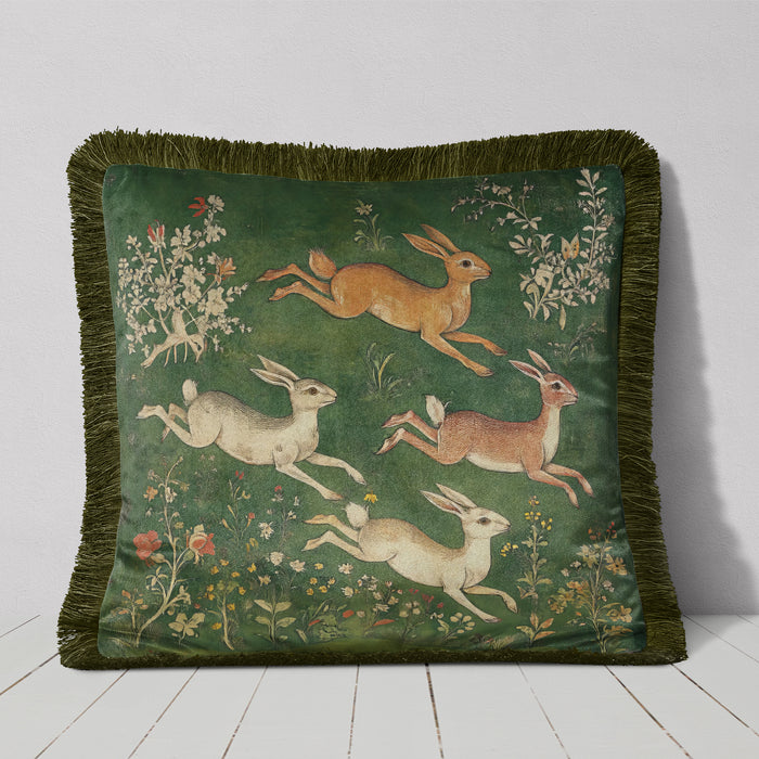 Medieval Hares 3 Luxury Fringed Velvet Cushion Throw Pillow Cover