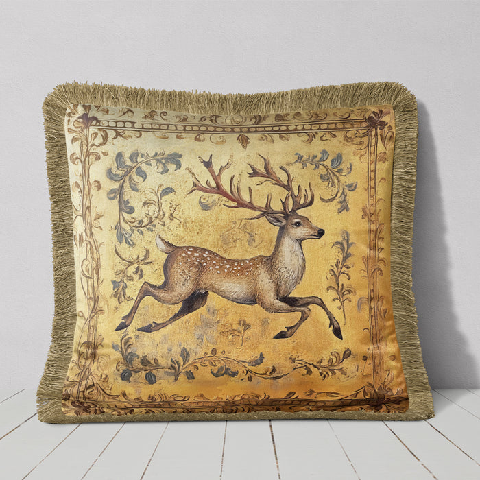 Medieval Stag 1 Luxury Fringed Velvet Cushion Throw Pillow Cover
