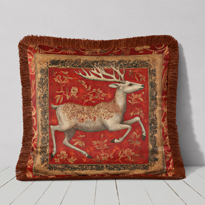 Medieval Stag 5 Luxury Fringed Velvet Cushion Throw Pillow Cover
