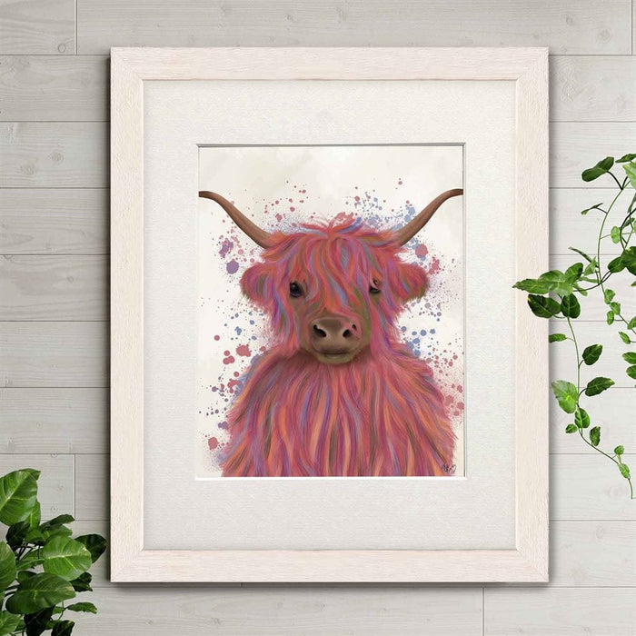 Highland Cow 8, Pink Portrait, Animal Art Print | Print 14x11inch