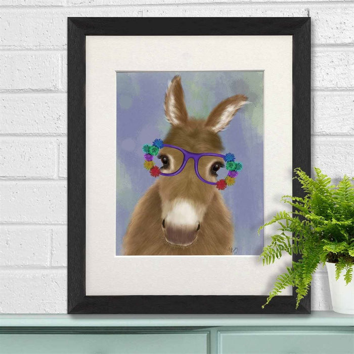 Donkey Purple Flower Glasses, Animal Art Print, Wall Art | Print 14x11inch