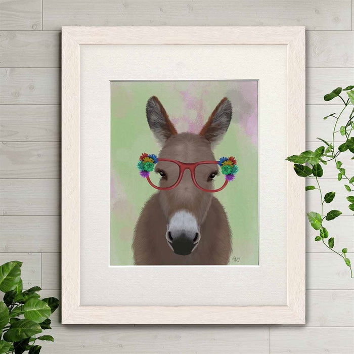 Donkey Red Flower Glasses, Animal Art Print, Wall Art | Print 14x11inch