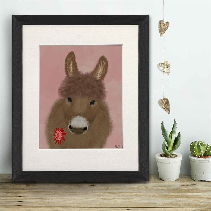Donkey Red Flower, Animal Art Print, Wall Art | Print 14x11inch