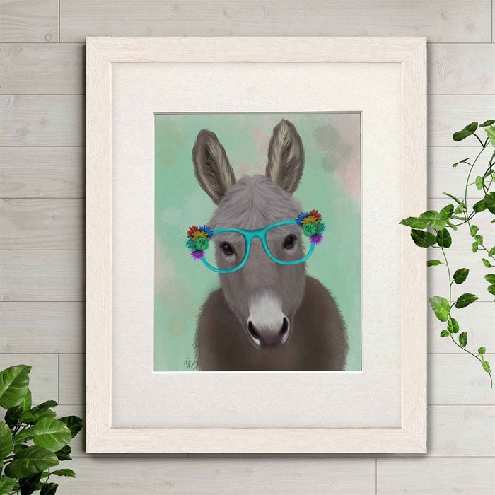 Donkey Turquoise Flower Glasses, Animal Art Print | Print 14x11inch