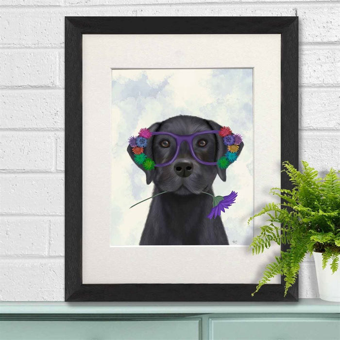 Labrador Black and Flower Glasses, Dog Art Print, Wall art | Print 14x11inch