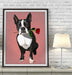 Boston Terrier with Rose in Mouth, Dog Art Print, Wall art | Print 14x11inch