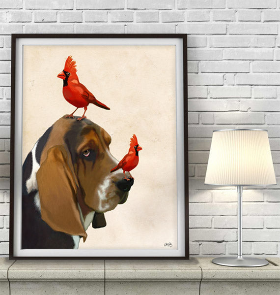 Basset Hound and Birds, Dog Art Print, Wall art | Print 14x11inch