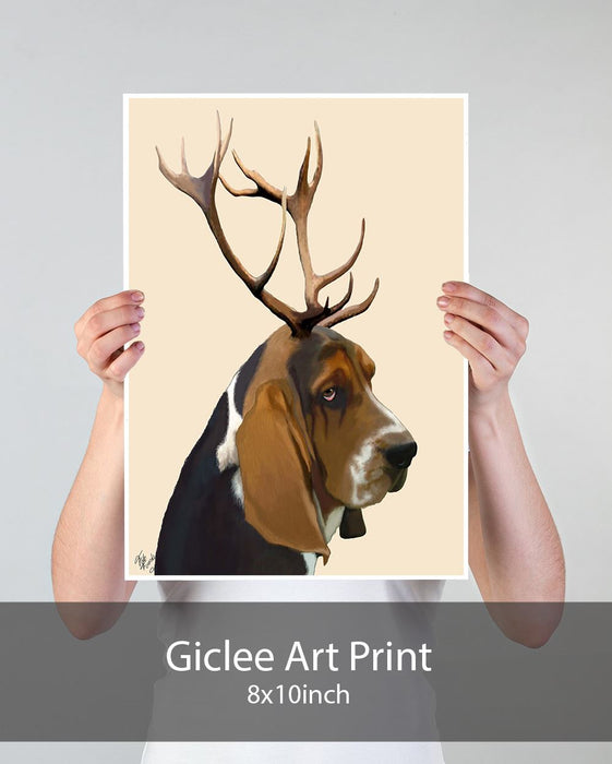 Basset Hound and Antlers, Dog Art Print, Wall art | Framed Black