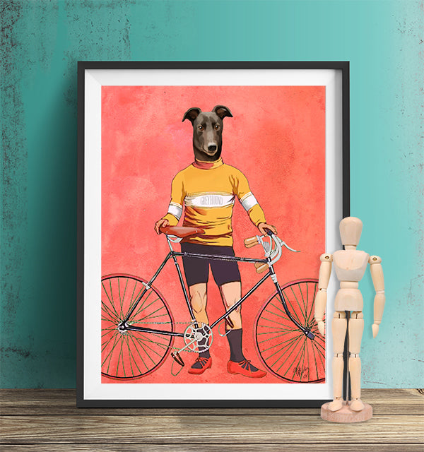 Greyhound Cyclist, Dog Art Print, Wall art | Print 14x11inch
