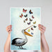 Pelican And Butterflies, Bird Art Print, Wall Art | Print 14x11inch
