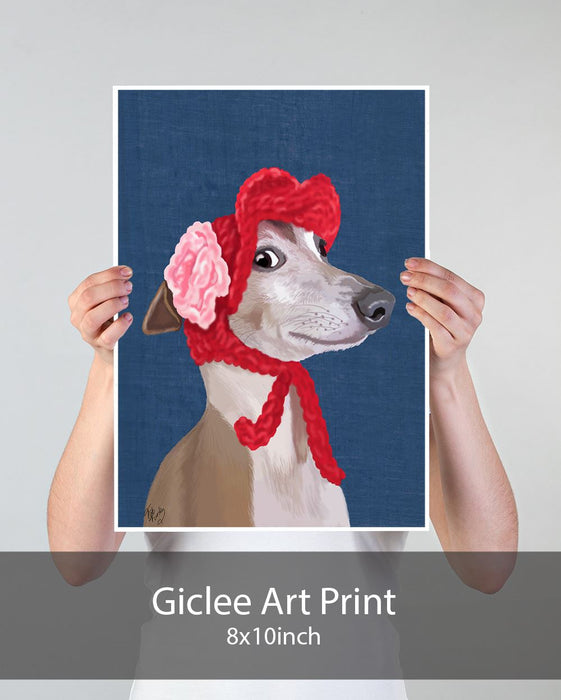 Greyhound with Red Woolly Hat, Dog Art Print, Wall art | Framed Black