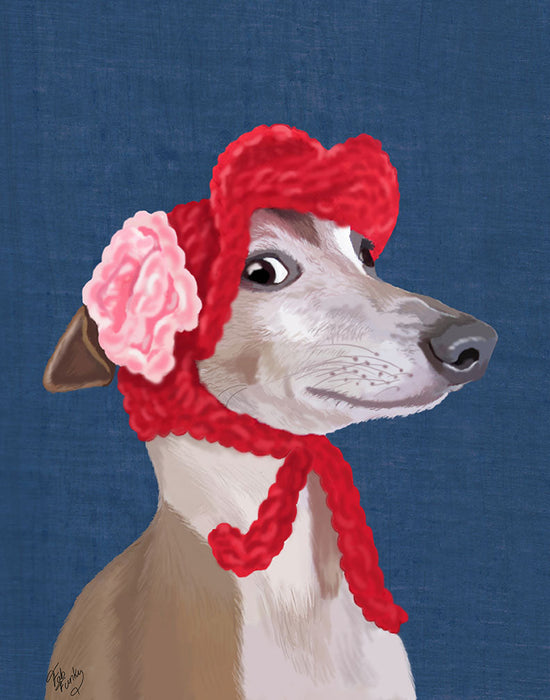Greyhound with Red Woolly Hat, Dog Art Print, Wall art | FabFunky