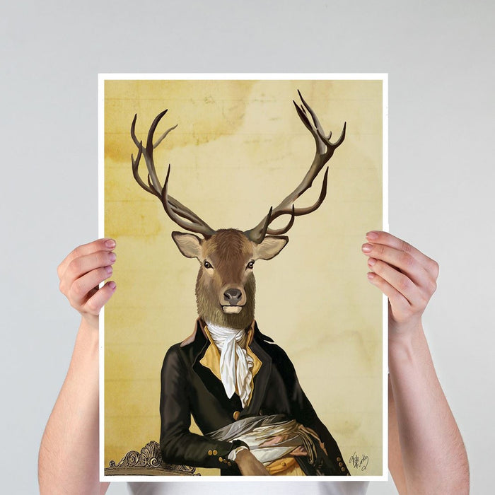 Deer and Chair, Portrait, Art Print, Canvas Wall Art | Framed Black