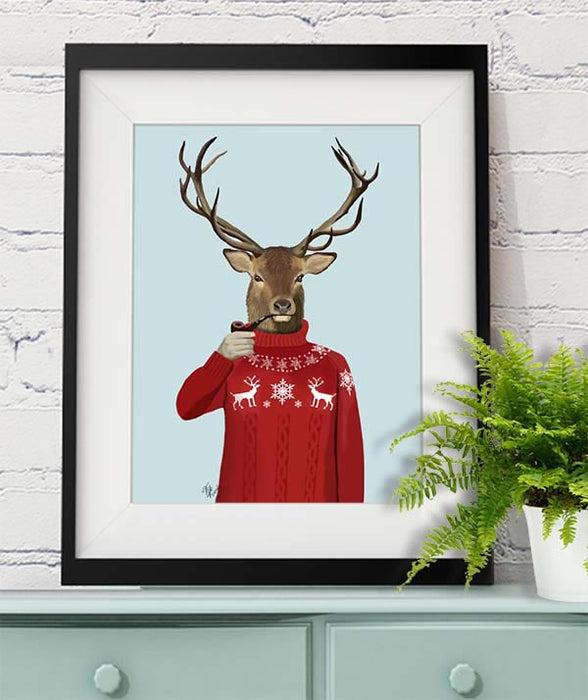 Deer in Ski Sweater, Art Print, Canvas Wall Art | Print 14x11inch