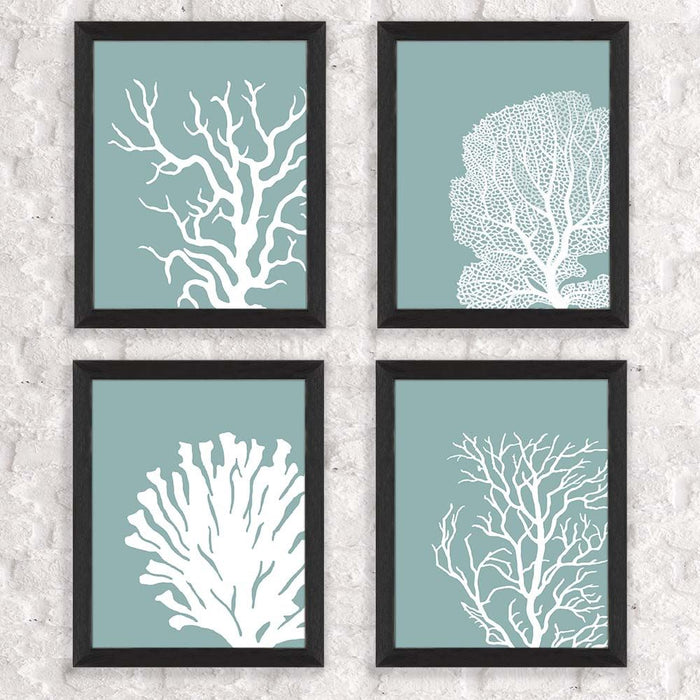 Collection - 4 Prints, Corals, White on Mist Blue/Green, Nautical print, Coastal art