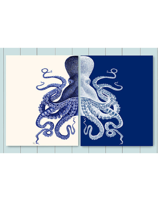 Collection - 2 Prints, Octopus, Navy Blue and Cream, Nautical print, Coastal art