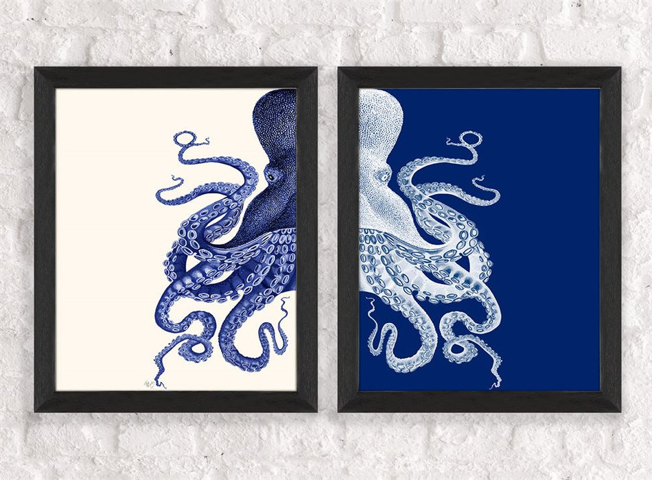 Collection - 2 Prints, Octopus, Navy Blue and Cream, Nautical print, Coastal art