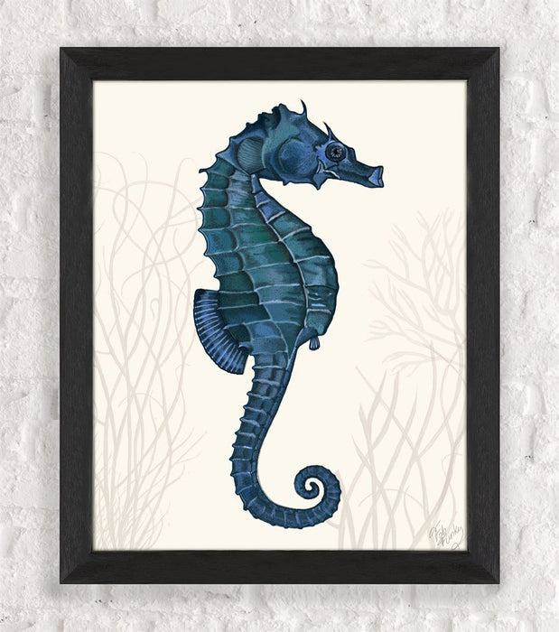 Blue Seahorse on Cream, 1, Nautical print, Coastal art