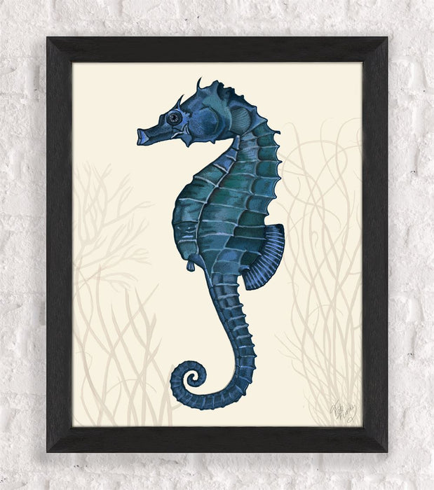 Blue Seahorse on Cream, 2, Nautical print, Coastal art