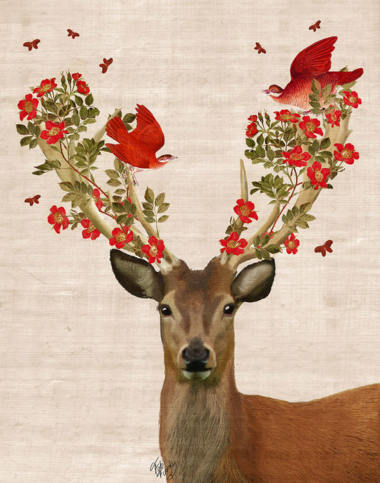 Deer and Love Birds, Art Print, Canvas Wall Art | FabFunky