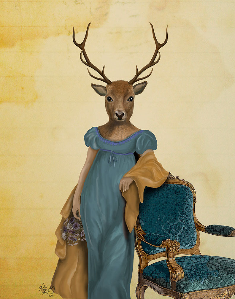 Deer In Blue Dress, Art Print, Canvas Wall Art — FabFunky Deer In Blue Dress, Art Print, Canvas Wall Art — FabFunky