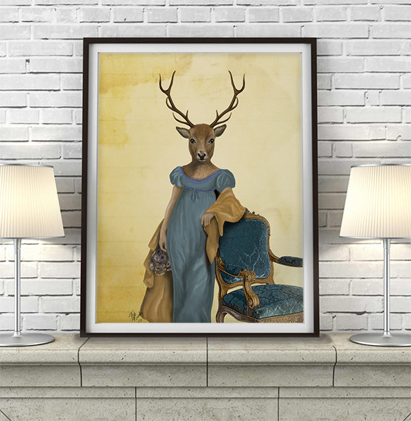 Deer In Blue Dress, Art Print, Canvas Wall Art | Print 14x11inch