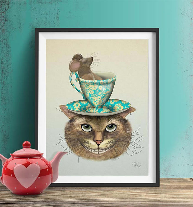 Cheshire Cat with Cup on Head, Art Print, Canvas Wall Art | Print 14x11inch