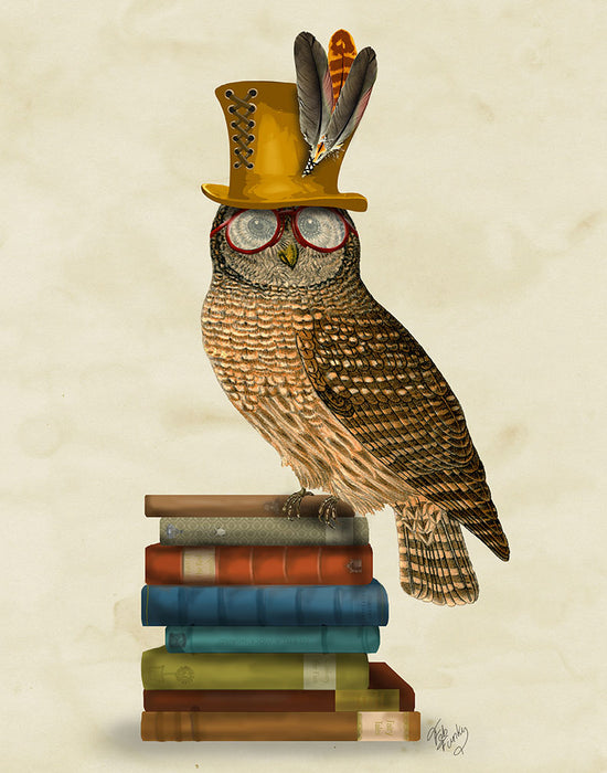 Owl On Books, Bird Art Print, Wall Art | FabFunky