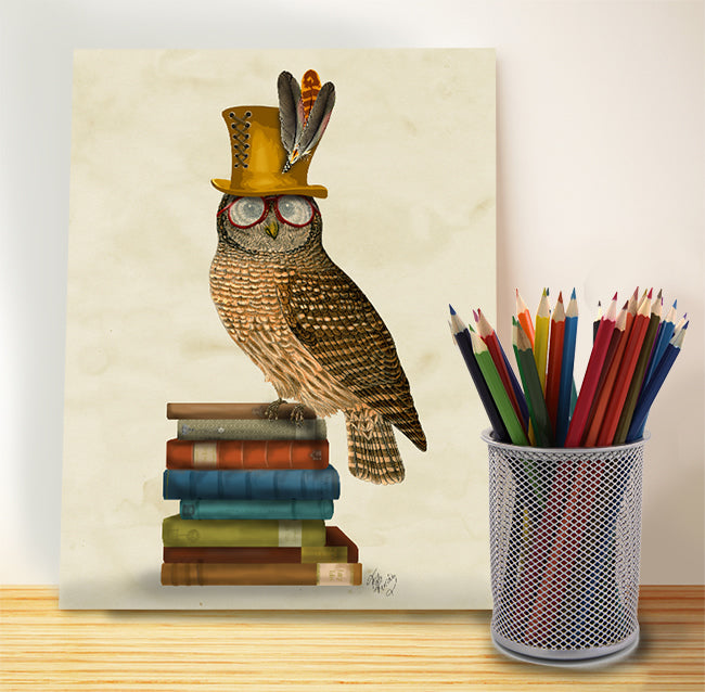 Owl On Books, Bird Art Print, Wall Art | Print 14x11inch