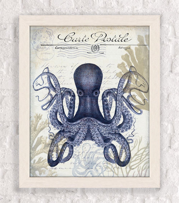 Seaside Postcard, Cream, Octopus, Nautical print, Coastal art