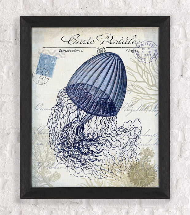 Seaside Postcard, Cream, Jellyfish, Nautical print, Coastal art