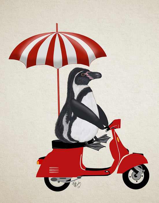 Penguin On Red Moped, Art Print, Canvas Wall Art | FabFunky
