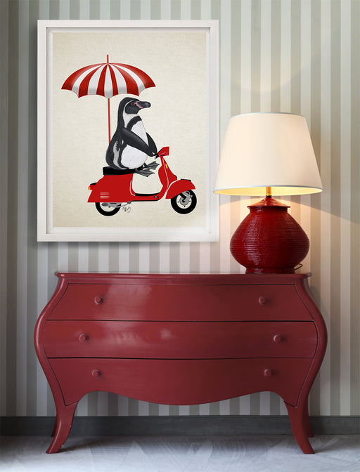 Penguin On Red Moped, Art Print, Canvas Wall Art | Print 14x11inch