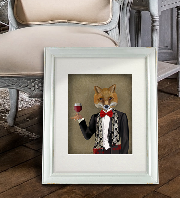 Fox in Black Jacket with Wine, Art Print, Canvas Wall Art | Print 14x11inch
