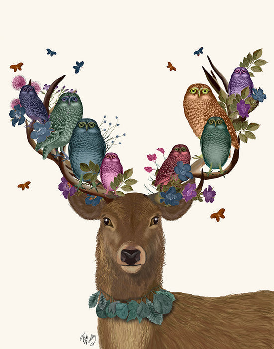 Deer Birdkeeper, Owls, Art Print, Canvas Wall Art | FabFunky