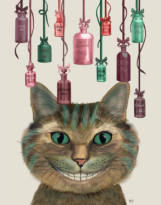 Cheshire Cat and Bottles, Art Print, Canvas Wall Art | FabFunky