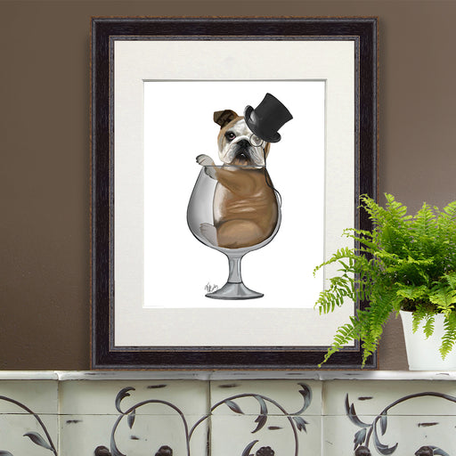 English Bulldog in Brandy Glass, Dog Art Print, Wall art | Print 14x11inch