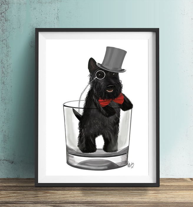 Scottish Terrier in Whisky Tumbler, Dog Art Print, Wall art | Print 14x11inch