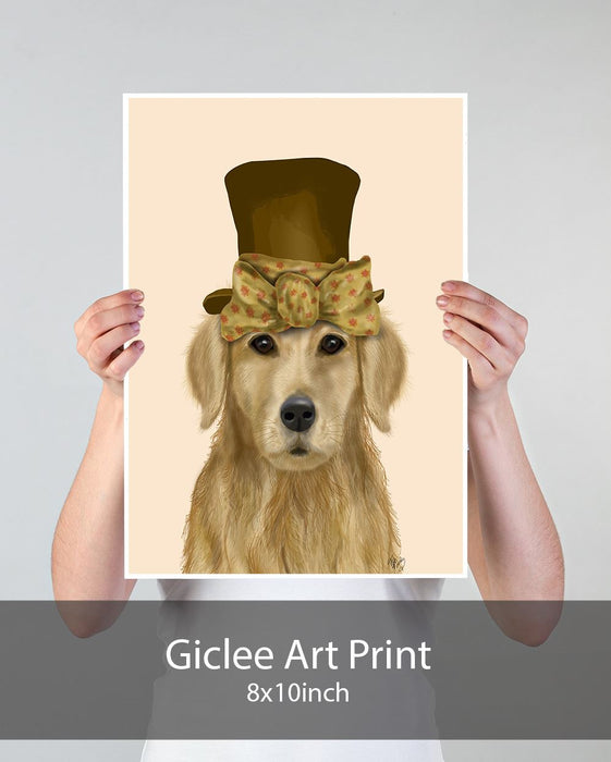 Golden Retriever, Hat and Bow, Dog Art Print, Wall art | Print 18x24inch