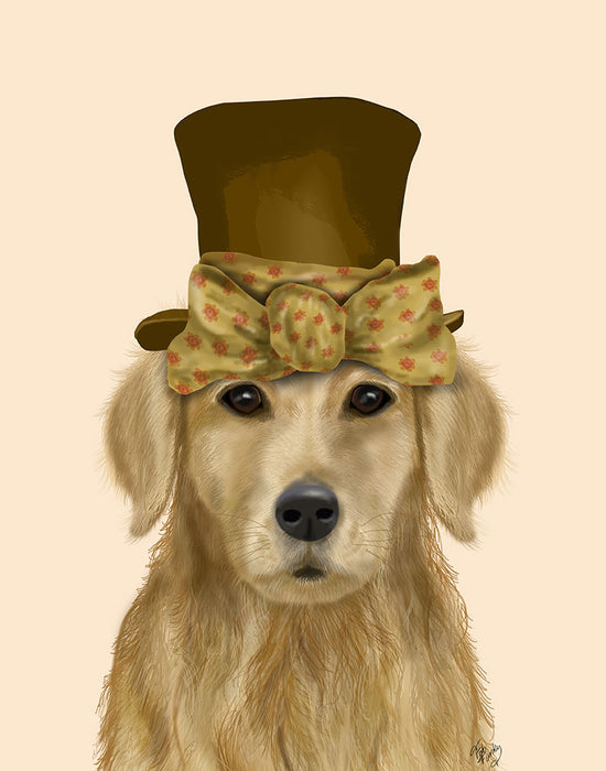 Golden Retriever, Hat and Bow, Dog Art Print, Wall art | FabFunky