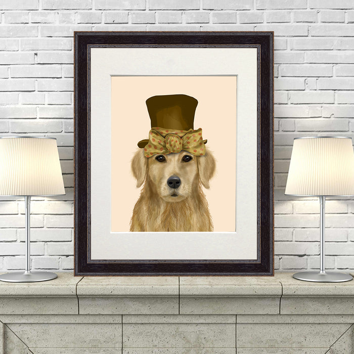 Golden Retriever, Hat and Bow, Dog Art Print, Wall art | Print 14x11inch