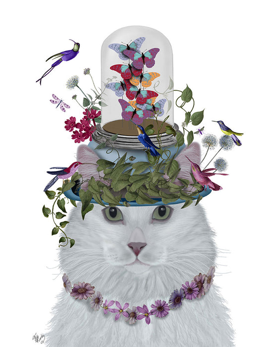 Cat, White with Butterfly bell jar, Art Print, Canvas Wall Art | FabFunky
