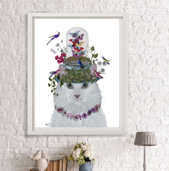 Cat, White with Butterfly bell jar, Art Print, Canvas Wall Art | Print 14x11inch