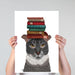 Grey Cat with Books on Head, Art Print, Canvas Wall Art | Print 18x24inch