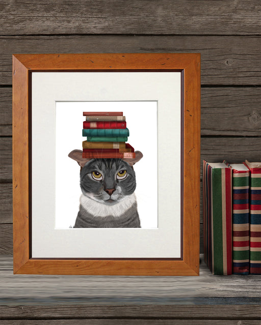 Grey Cat with Books on Head, Art Print, Canvas Wall Art | Print 14x11inch