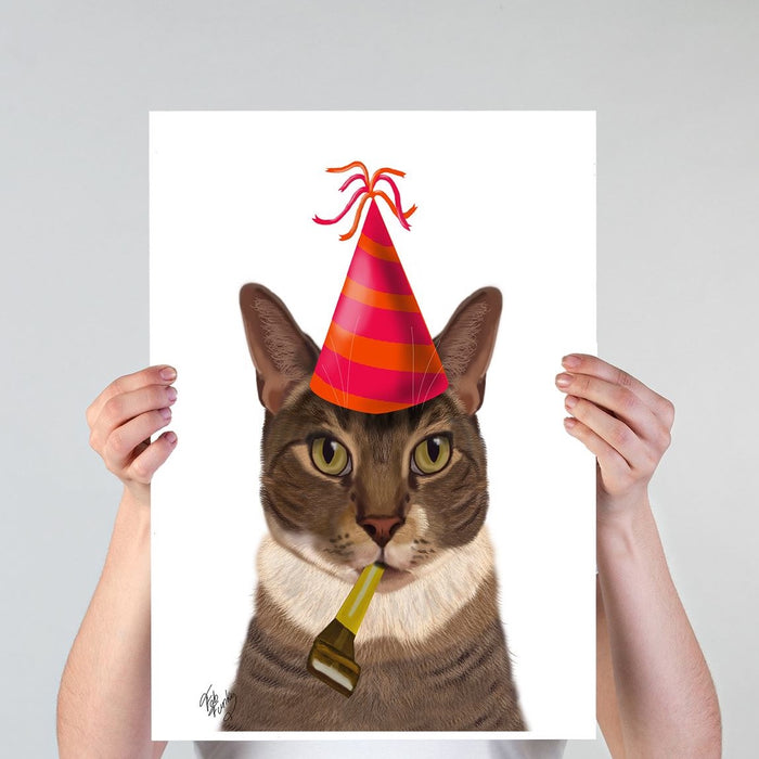 Tortoiseshell Cat, Party Hat, Art Print, Canvas Wall Art | Print 18x24inch