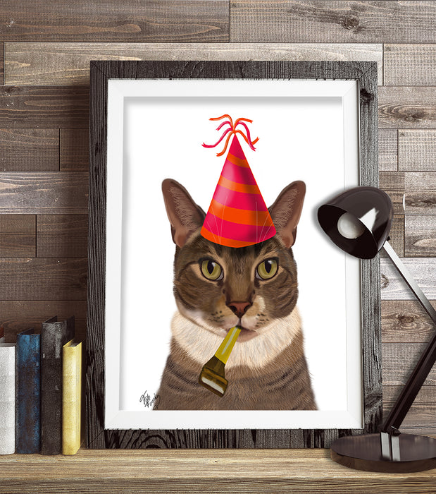 Tortoiseshell Cat, Party Hat, Art Print, Canvas Wall Art | Print 14x11inch