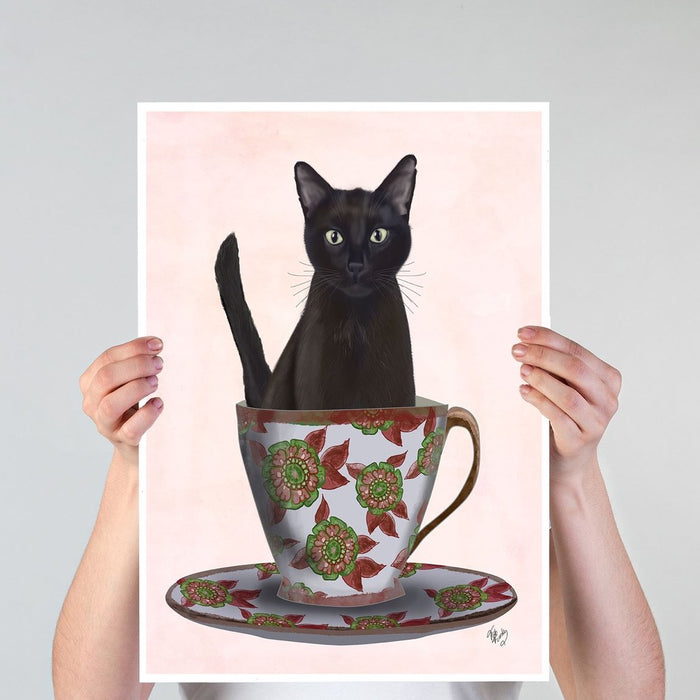 Black Cat in Teacup, Art Print, Canvas Wall Art