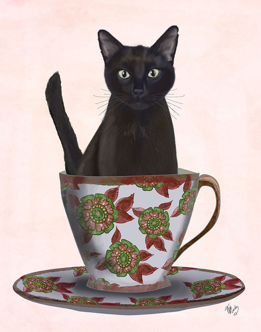 Black Cat in Teacup, Art Print, Canvas Wall Art | FabFunky