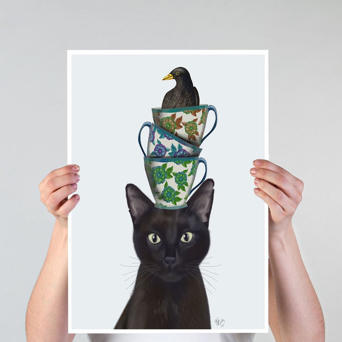 Black Cat with Teacups and Blackbird, Art Print | Print 18x24inch